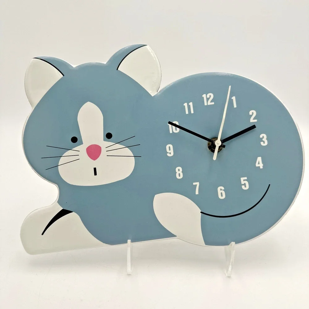 Vintage Small World Greetings Time Clock Gray Kitty Cat Retro Vinyl